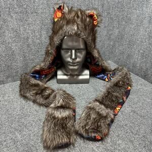 Wolf Faux Fur Aztec Print Warm Hood Hat Snow Adult Hand Warmer Cap Cape Warm